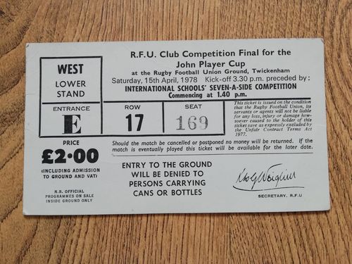 Leicester v Gloucester Apr 1978 John Player Cup Final Used Rugby Ticket