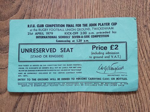 Leicester v Moseley Apr 1979 John Player Cup Final Rugby Ticket