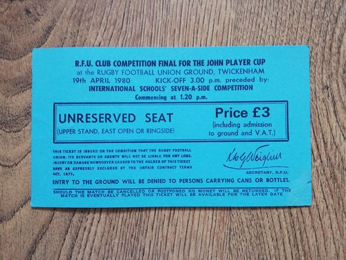 Leicester v London Irish Apr 1980 John Player Cup Final Rugby Ticket