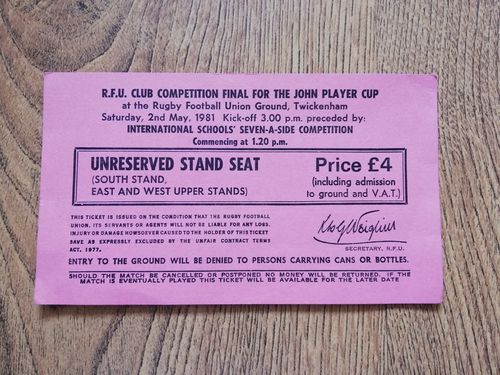 Leicester v Gosforth May 1981 John Player Cup Final Rugby Ticket