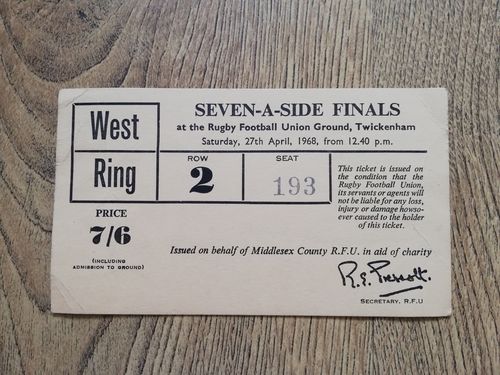 Middlesex Sevens Apr 1968 Used Rugby Ticket