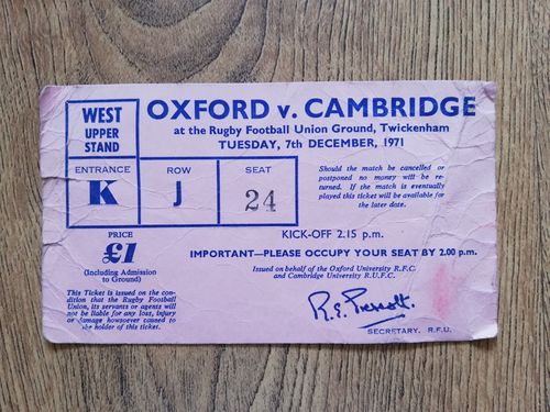 Oxford University v Cambridge University Dec 1971 Used Rugby Ticket