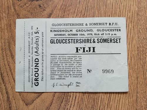 Gloucestershire & Somerset v Fiji Oct 1970 Used Rugby Ticket