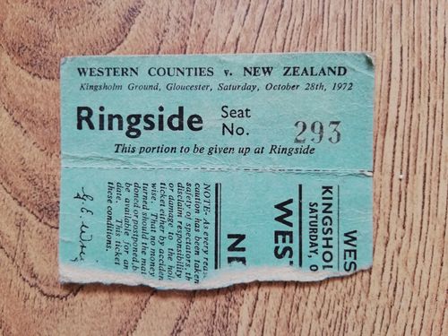 Western Counties v New Zealand Oct 1972 Used Rugby Ticket