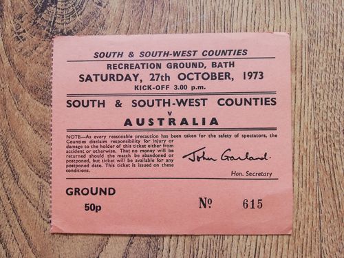 South & South-West Counties v Australia Oct 1973 Used Rugby Ticket