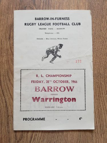 Barrow v Warrington Oct 1966 Rugby League Programme