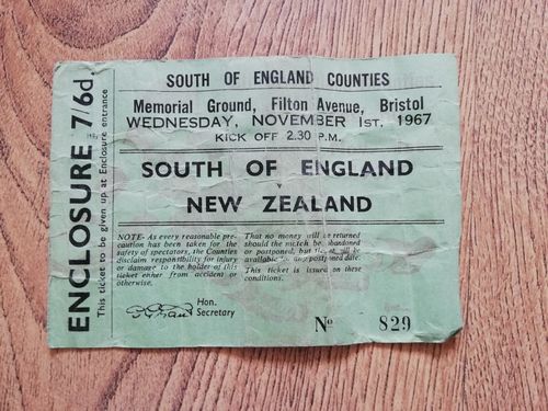 South of England v New Zealand Nov 1967 Used Rugby Ticket