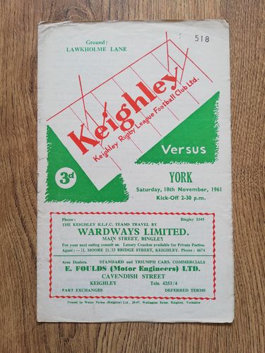 Keighley v York Nov 1961 Rugby League Programme