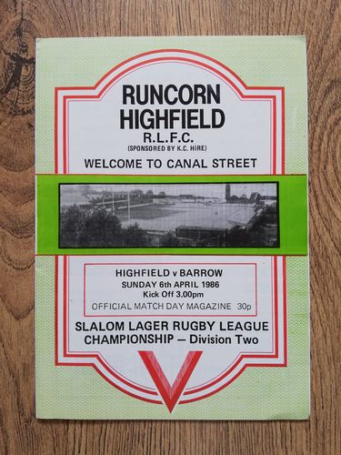 Runcorn Highfield v Barrow Apr 1986 Rugby League Programme