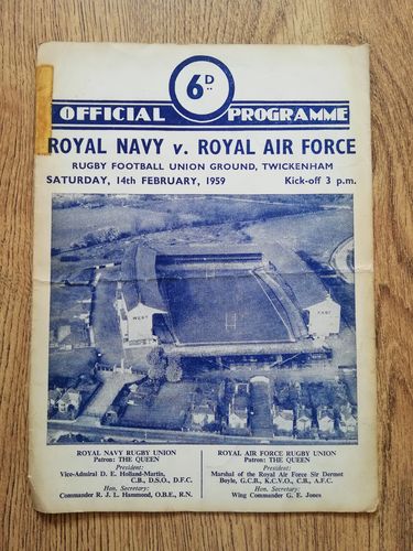 Royal Navy v Royal Air Force Feb 1959 Rugby Programme