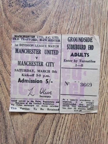 Manchester United v Manchester City Mar 1969 Used Football Ticket