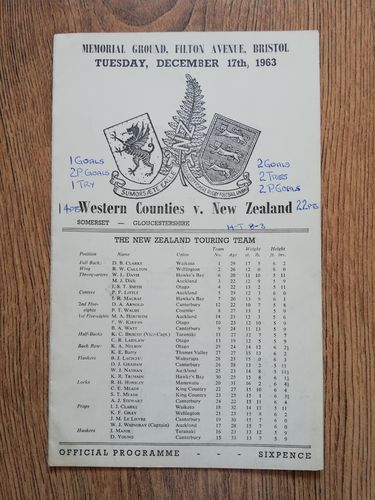 Western Counties v New Zealand 1963 Rugby Programme
