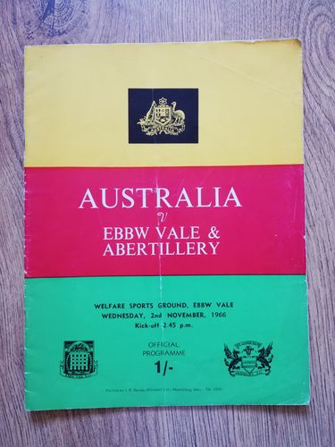 Ebbw Vale & Abertillery v Australia Nov 1966 Rugby Programme