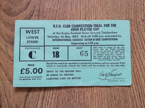 Gloucester v Moseley May 1982 John Player Cup Final Rugby Ticket