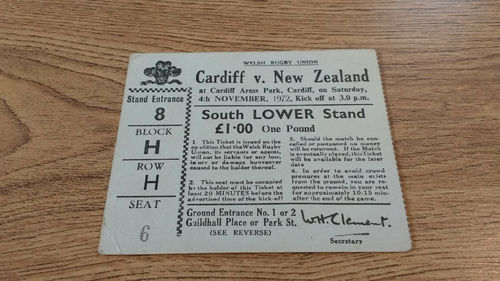 Cardiff v New Zealand Nov 1972 Used Rugby Ticket