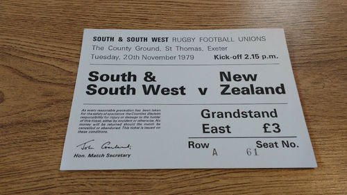 South & South Western Counties v New Zealand 1979 Used Rugby Ticket