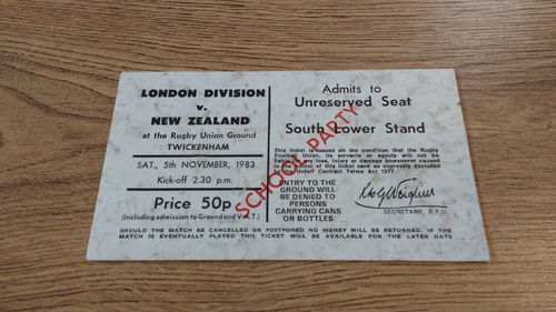 London Division v New Zealand 1983 Used Rugby Ticket