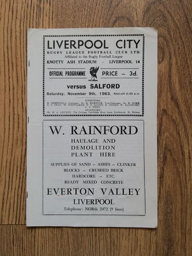 Liverpool City v Salford Nov 1963 Rugby League Programme