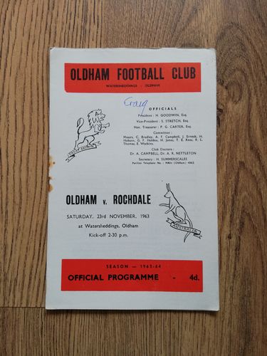 Oldham v Rochdale Nov 1963 Rugby League Programme