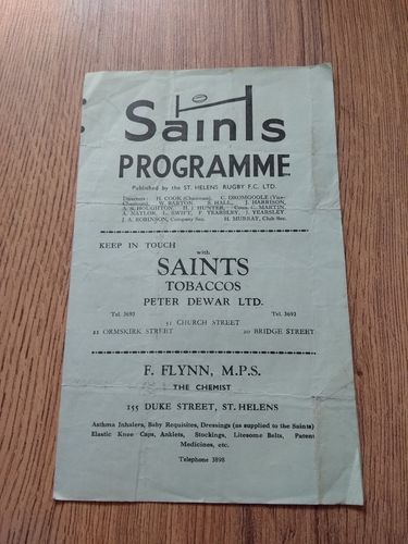 St Helens v Wigan Mar 1956 Rugby League Programme