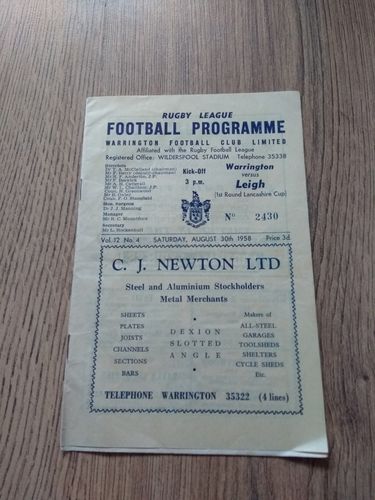 Warrington v Leigh Aug 1958 Lancashire Cup Rugby League Programme