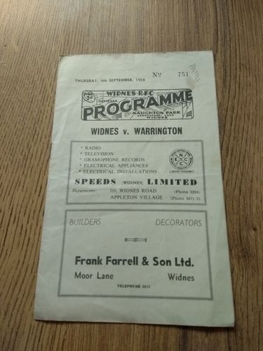 Widnes v Warrington Sept 1958 Rugby League Programme