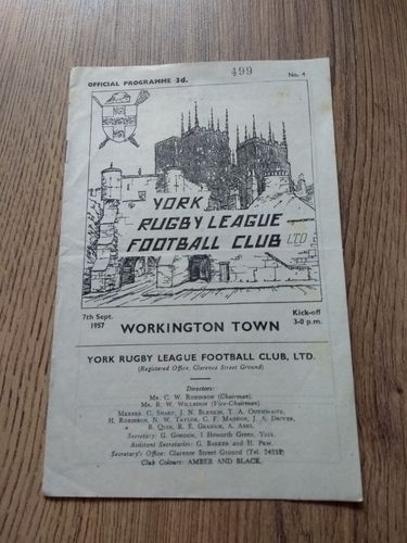 York v Workington Town Sept 1957 Rugby League Programme