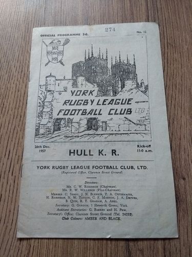 York v Hull KR Dec 1957 Rugby League Programme