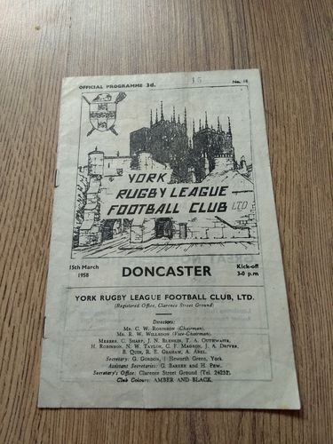 York v Doncaster Mar 1958 Rugby League Programme