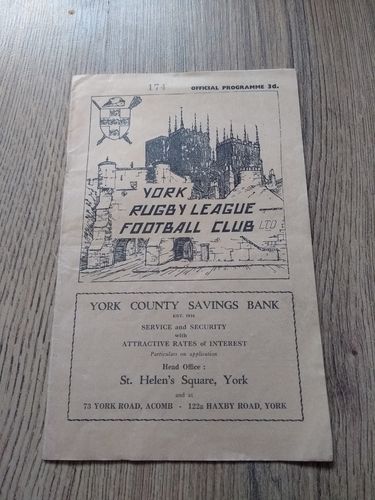 York v Whitehaven Sept 1958 Rugby League Programme
