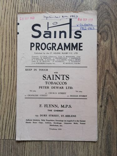 St Helens v Oldham Sept 1952 Rugby League Programme