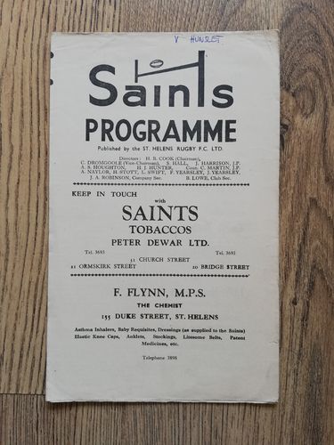St Helens v Hunslet Sept 1958 Rugby League Programme