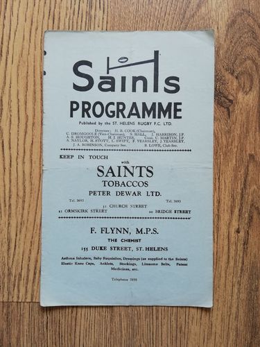 St Helens v Rochdale Hornets Nov 1958 Rugby League Programme