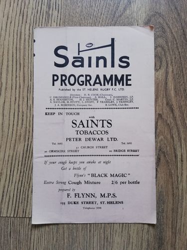 St Helens v Whitehaven Jan 1959 Rugby League Programme