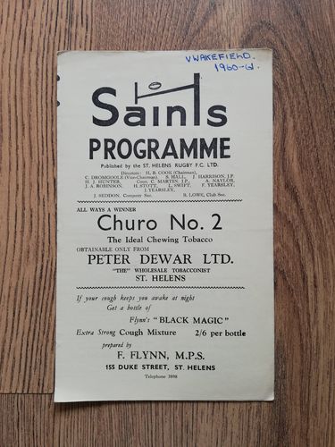 St Helens v Wakefield Sept 1960 Rugby League Programme