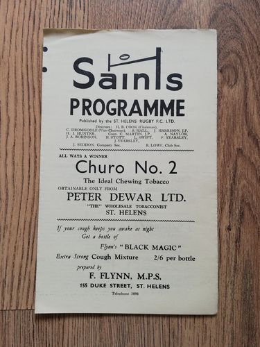 St Helens v Leigh Jan 1961 Rugby League Programme