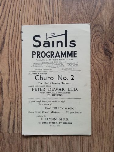 St Helens v Barrow Mar 1961 Rugby League Programme