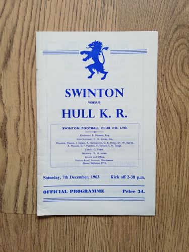 Swinton v Hull KR Dec 1963 Rugby League Programme