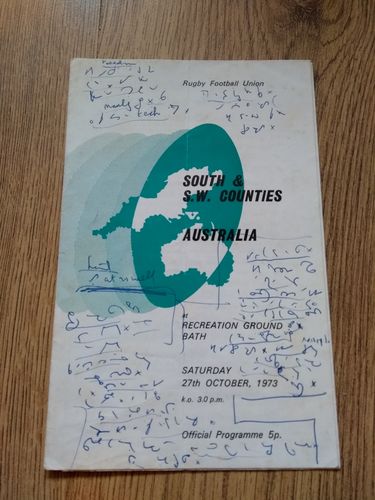 South & South West Counties v Australia Oct 1973 Rugby Programme