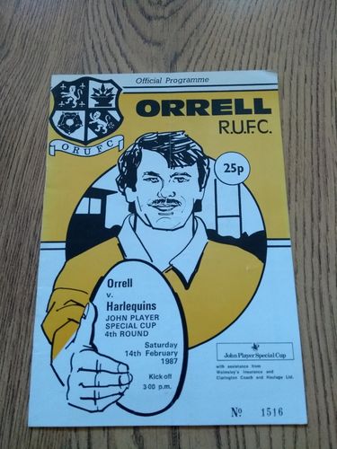 Orrell v Harlequins 1987 John Player Cup Rugby Programme