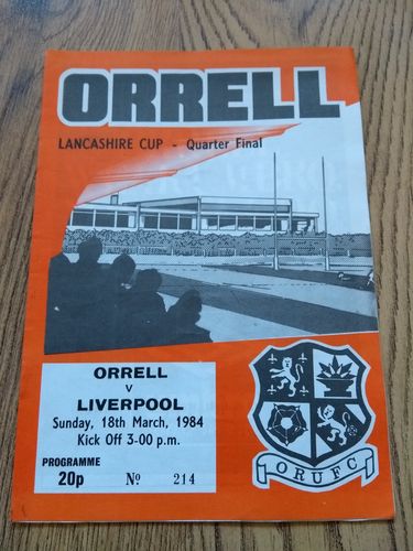 Orrell v Liverpool Mar 1984 Lancashire Cup Quarter-Final Rugby Programme
