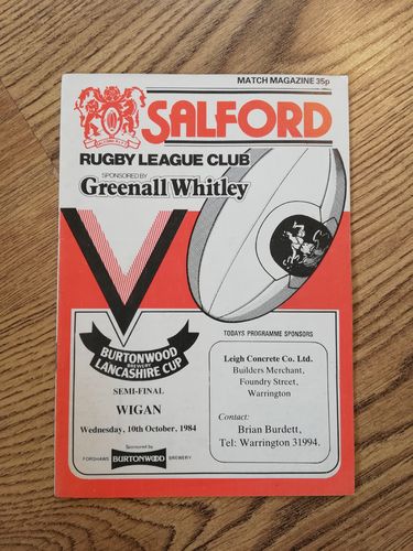 Salford v Wigan Oct 1984 Lancashire Cup Semi-Final Rugby League Programme