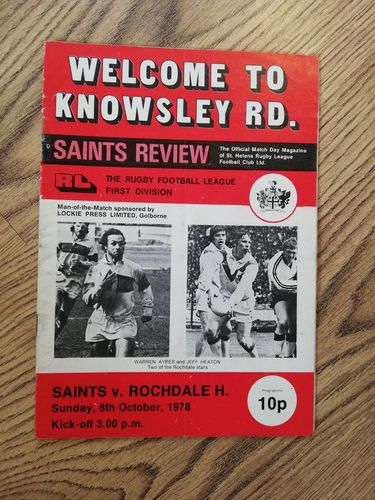 St Helens v Rochdale Hornets Oct 1978 Rugby League Programme