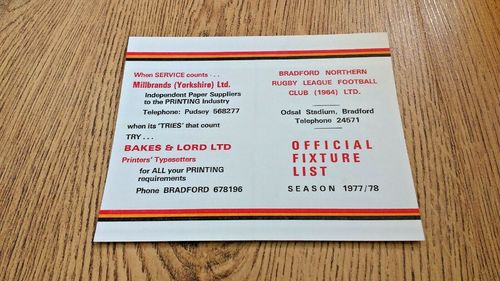 Bradford Northern 1977-78 Rugby League Fixture Card