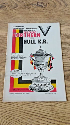 Bradford Northern v Hull KR Sept 1981 Rugby League Programme