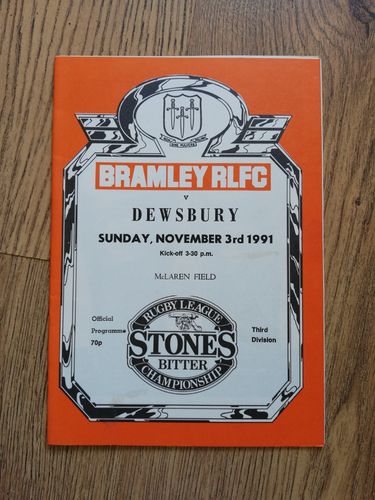Bramley v Dewsbury Nov 1991 Rugby League Programme