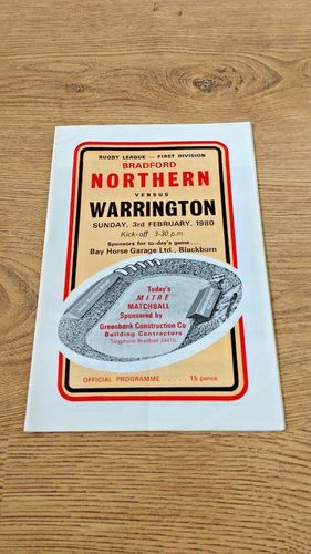 Bradford Northern v Warrington Feb 1980 Rugby League Programme