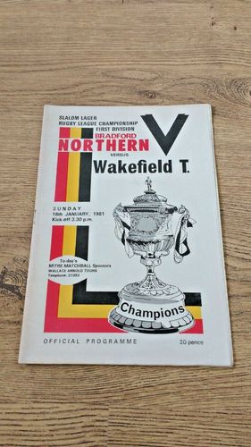 Bradford Northern v Wakefield Trinity Jan 1981 Rugby League Programme
