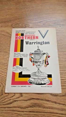 Bradford Northern v Warrington Jan 1982 Rugby League Programme