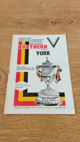 Bradford Northern v York Apr 1982 Rugby League Programme